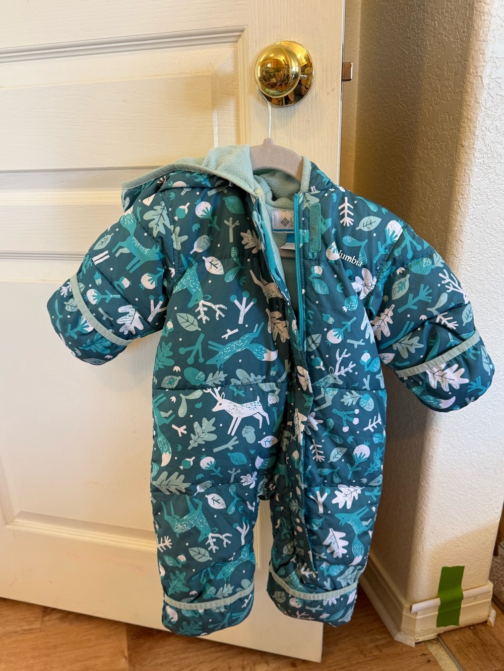 Columbia Teal Woodland Print Insulated Kids One-Piece Snowsuit